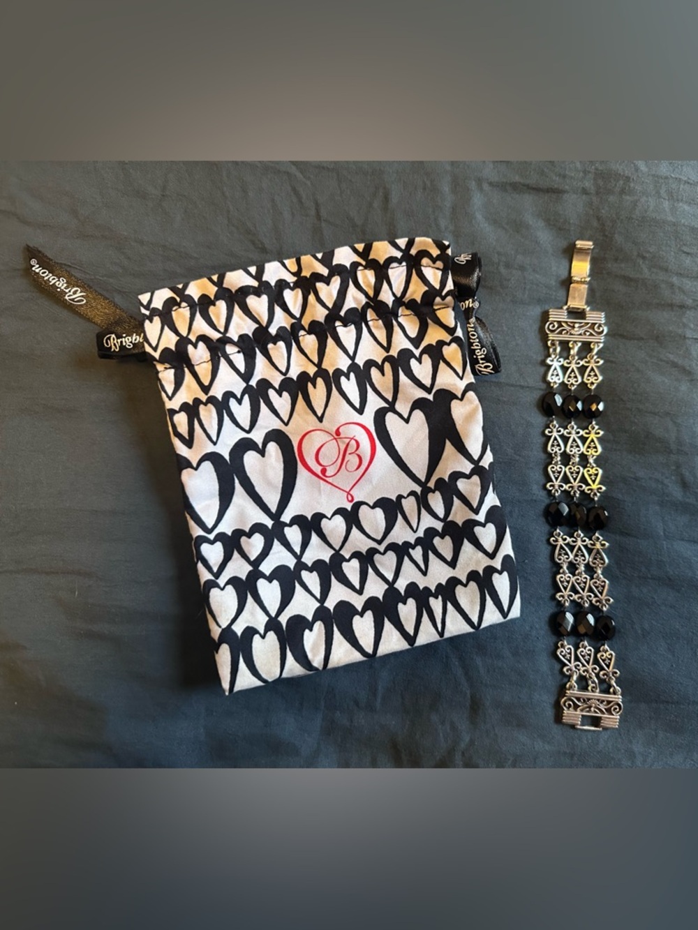 Brighton Black & Silver Tone Bracelet 6.5” length with duster pouch